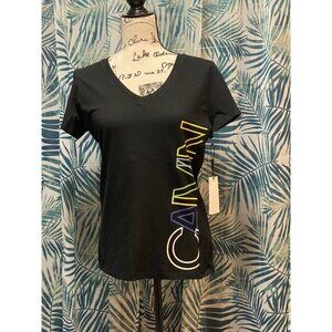 Calvin Klein Performance Women's V Neck Top Size Small Short Sleeve Black Multi